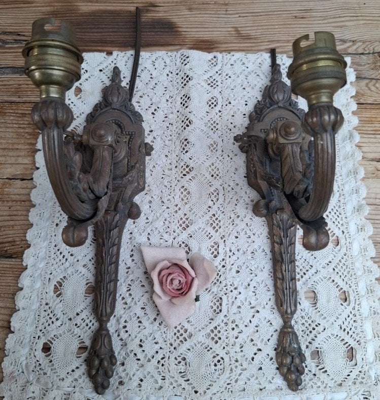 Set van 2 antieke Franse koperen wandlampen, gedetailleerd, Ophalen of Verzenden