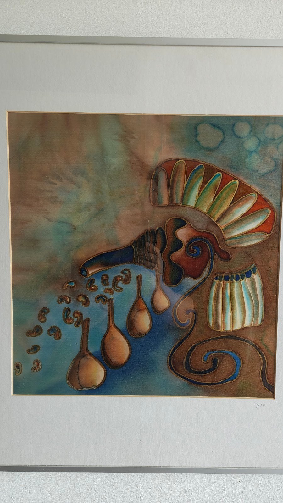 Abstracte zijdeschildering in lijst, gesigneerd J.M, Antiek en Kunst, Kunst | Schilderijen | Klassiek, Ophalen