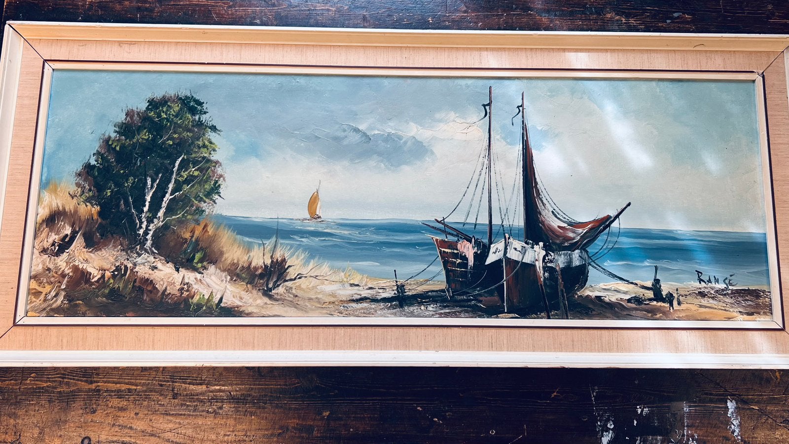 Groot schilderij zeegezicht, gesigneerd Rangé, Antiek en Kunst, Kunst | Schilderijen | Klassiek, Ophalen, Overige stijlen, Maritiem / water