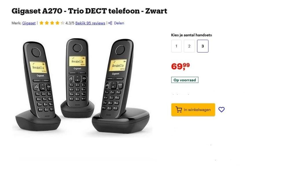 Gigaset A270 - Trio DECT telefoon - Zwart, Ophalen of Verzenden, Zo goed als nieuw, 3 handsets