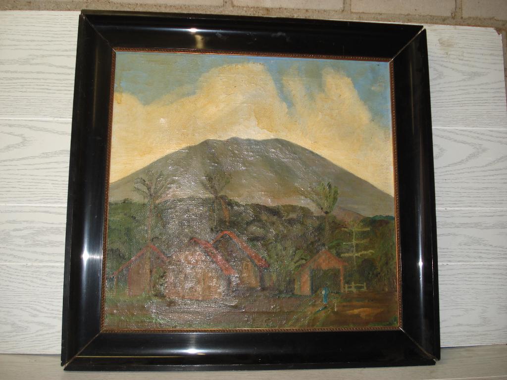 Oudje  schilderij indonesia  landschap , met Lijst  62 x 60, Antiek en Kunst, Ophalen of Verzenden