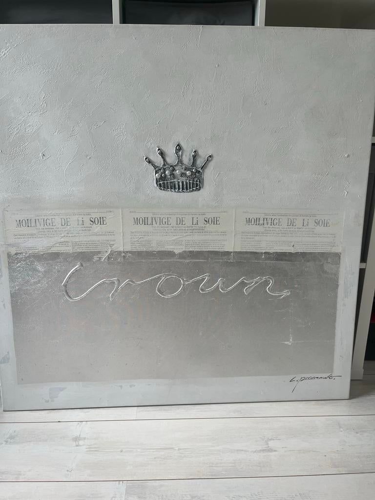 Modern Schilderij 'Crown' Wit Zilver 100x100cm, Ophalen of Verzenden
