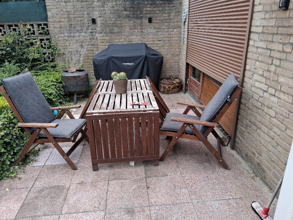 Houten tuinmeubel set met kussens, Ophalen, 4 zitplaatsen, Gebruikt, Tuinset