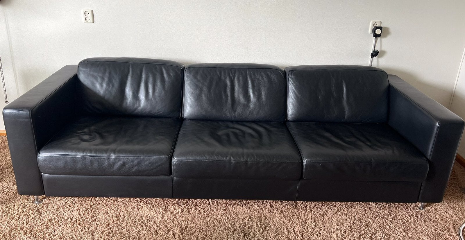 Zwart leren bank en fauteuil, Huis en Inrichting, Ophalen, Gebruikt, 75 tot 100 cm