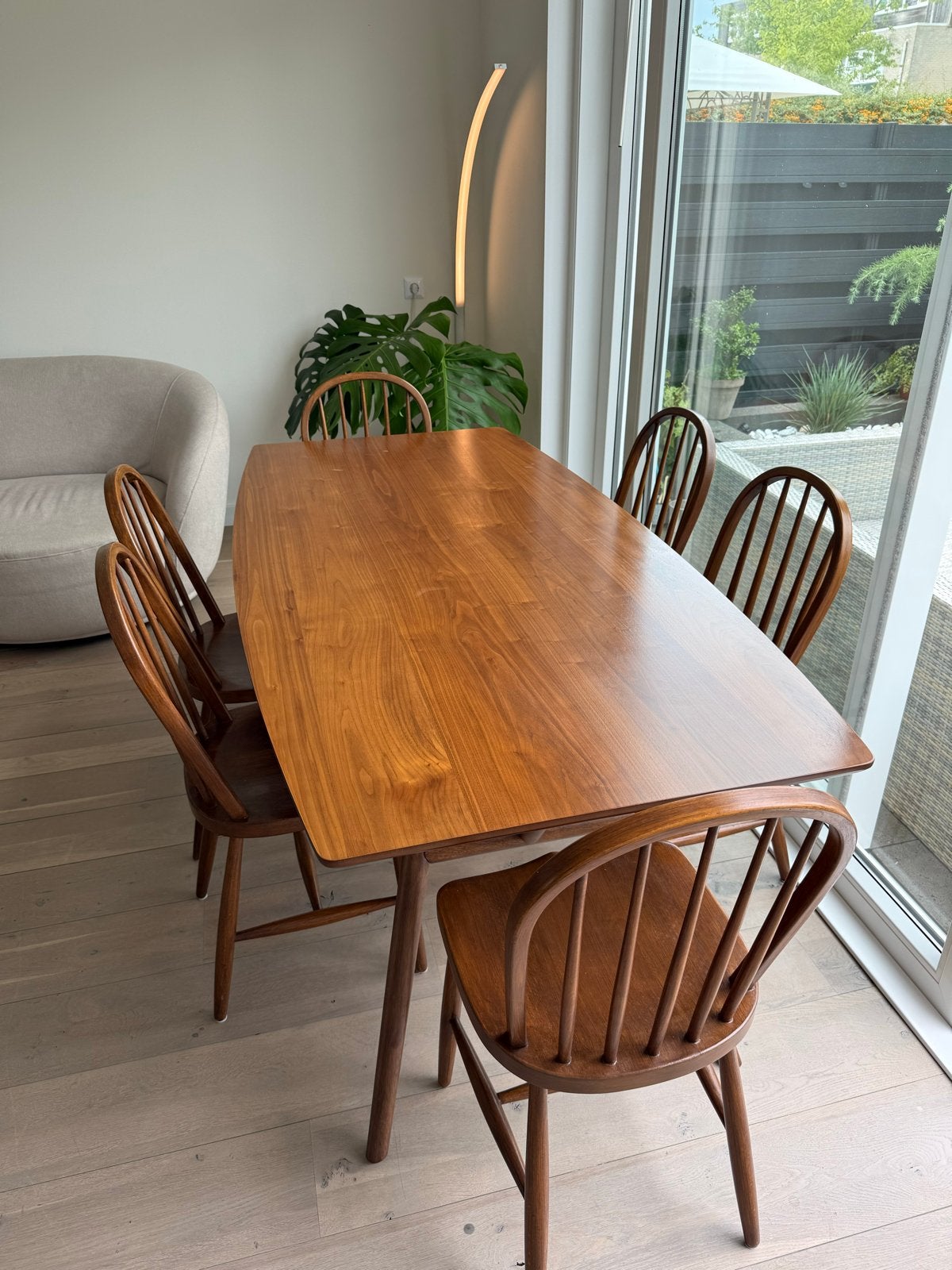 Vintage design eettafel + 6 stoelen-teak/notenhout-180x90 cm, Huis en Inrichting, Tafels | Eettafels, Ophalen, 50 tot 100 cm, Zo goed als nieuw