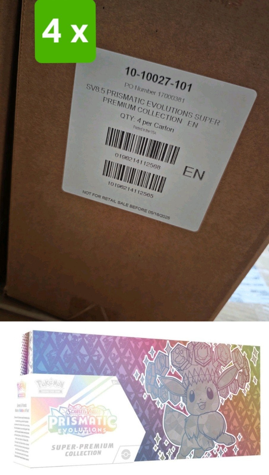 Prismatic Evolutions Super Premium Collection case (4x SPC), Ophalen of Verzenden, Nieuw, Boosterbox, Foil
