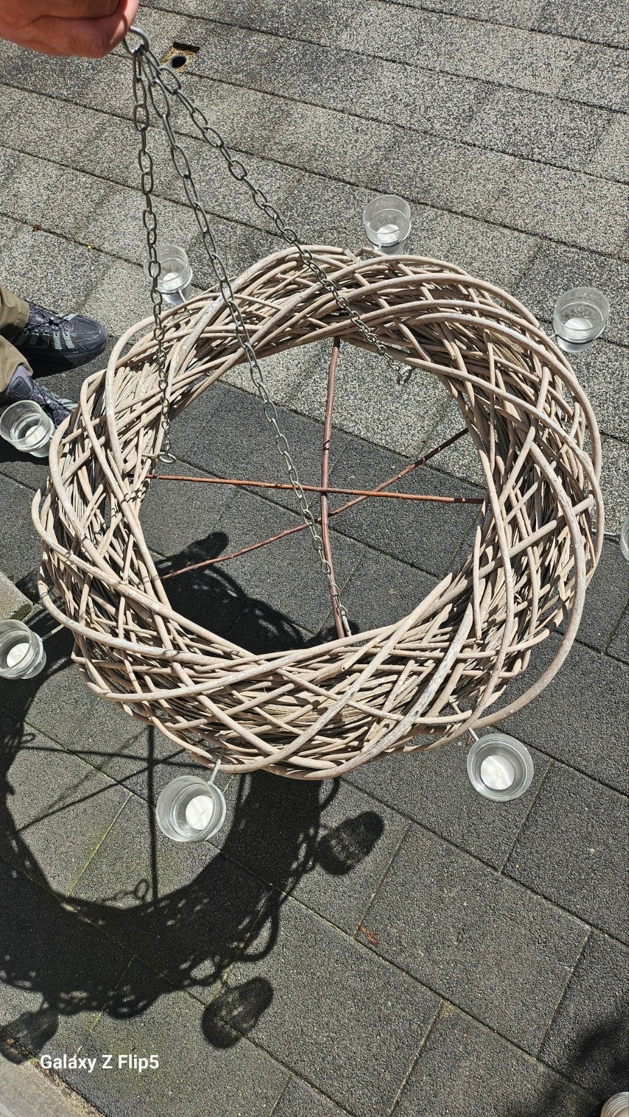 Krans van gevlochten takken met glazen windlichtjes, Huis en Inrichting, Woonaccessoires | Kransen, Ophalen, Gebruikt, Natuurlijk materiaal