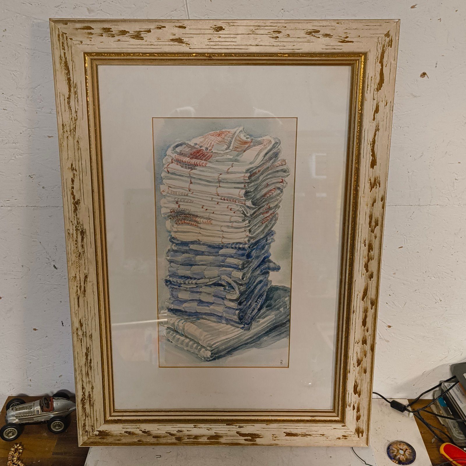 Oude Aquarel stapel theedoeken gesigneerd, Stilleven, Ophalen of Verzenden, Papier, Gesigneerd