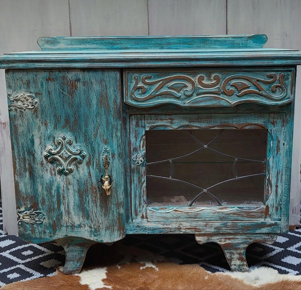 Shabby/Ibiza/Beachlook/Kastje/Vitrinekastje/Drankkastje, Antiek en Kunst, Curiosa en Brocante, Ophalen of Verzenden