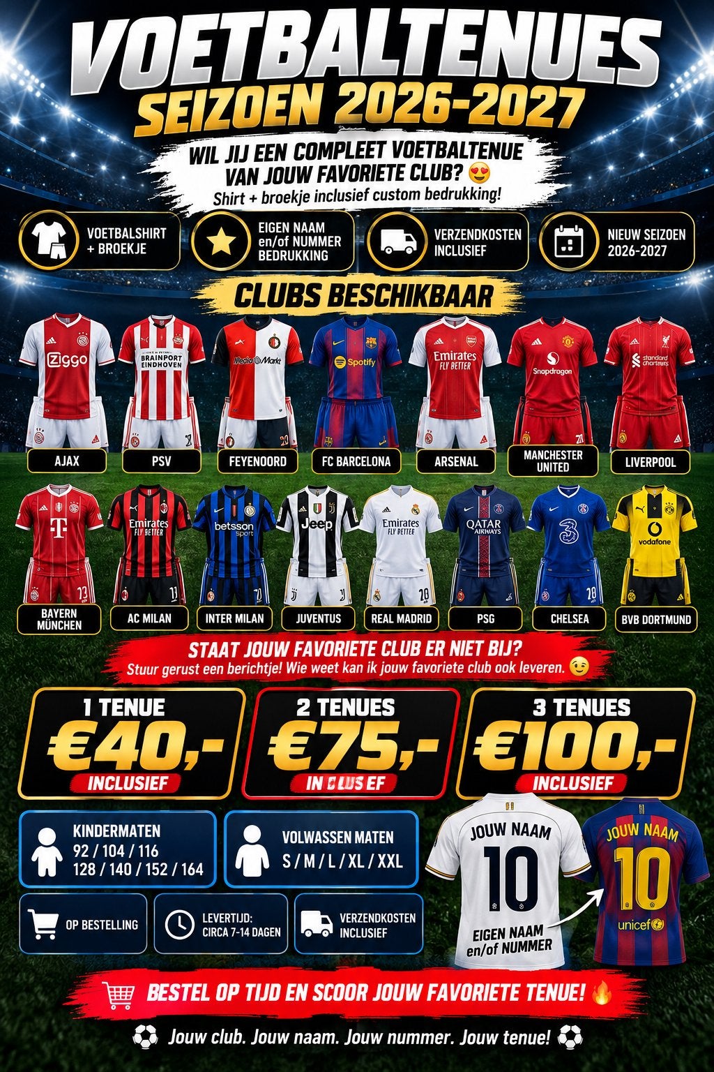 ⚽️Voetbaltenue Shirt+Broekje+Bedrukking€40,- incl verzending, Ophalen of Verzenden, Nieuw, Set