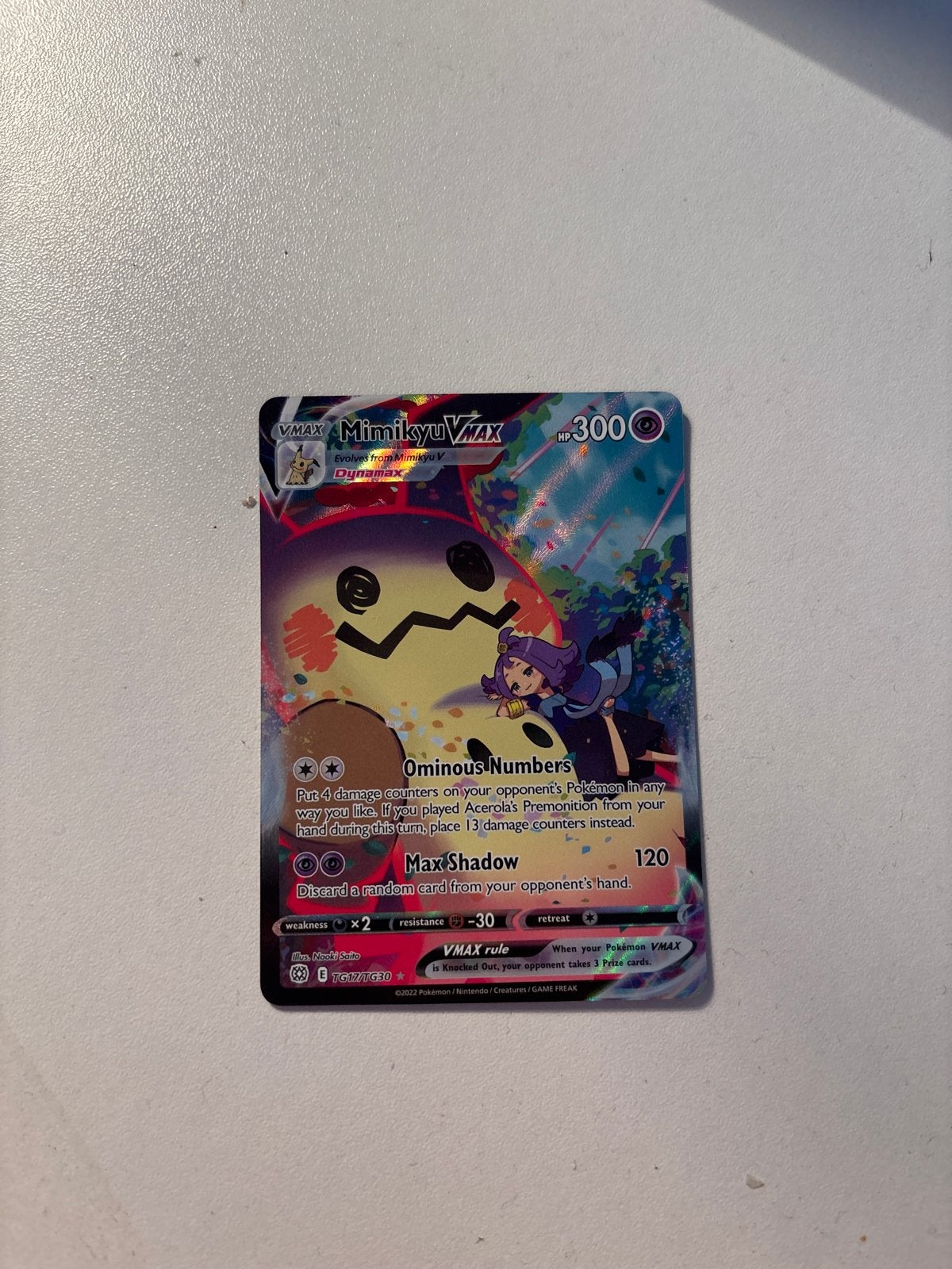 Mimikyu VMAX TG17/TG30 Pokémon Kaart, Verzenden, Zo goed als nieuw, Losse kaart, Foil