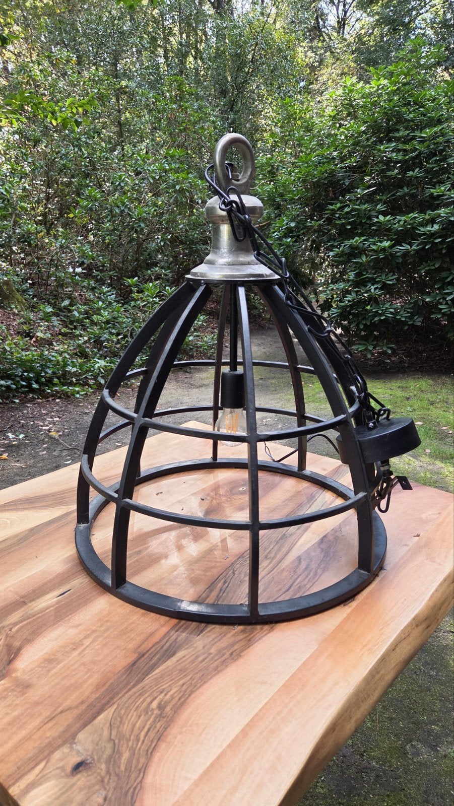 Industriële hanglamp - Zwart metaal met ketting, Ophalen, Gebruikt, E27 (groot), Metaal