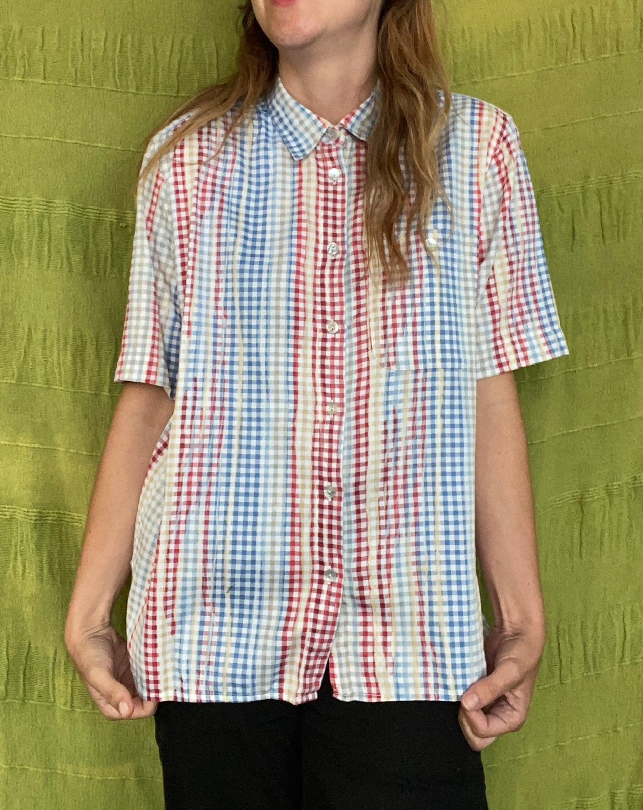 Vintage blouse / shirt geruit - rood/geel/blauw L/40, Kleding | Dames, Maat 38/40 (M), Hgv, Hgv, Ophalen of Verzenden