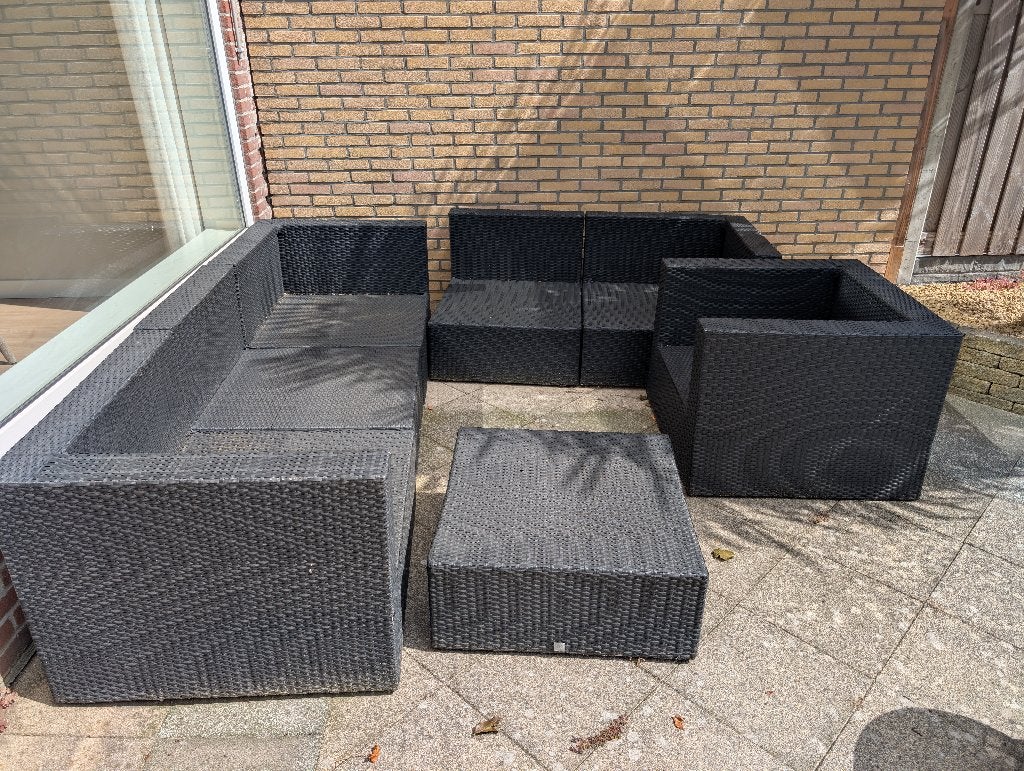 Zwarte Wicker Loungeset - Geen kussens, Ophalen, 5 zitplaatsen, Gebruikt, Bank