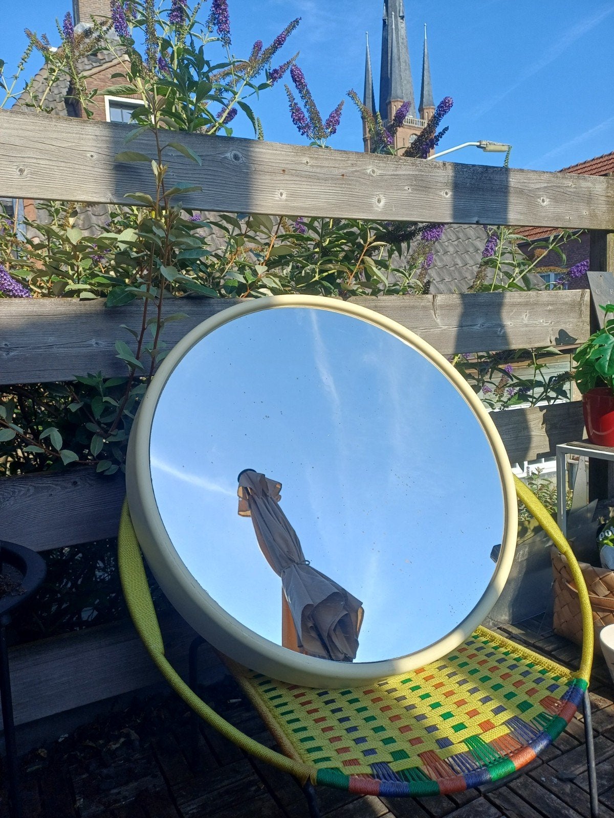 Ronde Vintage Space Age Spiegel - Crème Wit, Ophalen, Rond, Zo goed als nieuw, 75 tot 100 cm