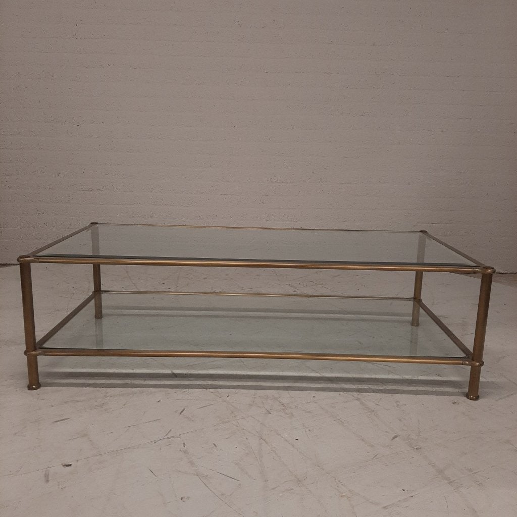 Messing salontafel met twee glasplaten, Ophalen, Gebruikt, 100 tot 150 cm, 50 tot 100 cm