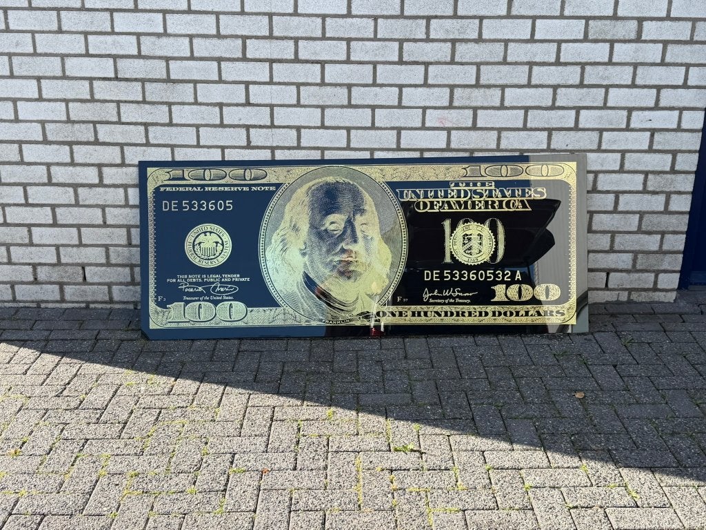 XXL Wanddecoratie 200x80 cm $100 Dollar Spiegelglas Ophangst, Ophalen, Zo goed als nieuw, Glas, 200 cm