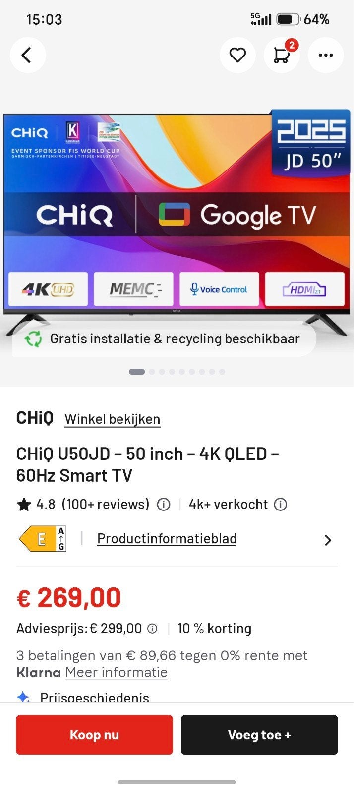 CHiQ U50JD 50 inch 4K QLED 60Hz Smart TV, Audio, Tv en Foto, Televisies, QLED, 50 Hz, Zo goed als nieuw, 100 cm of meer