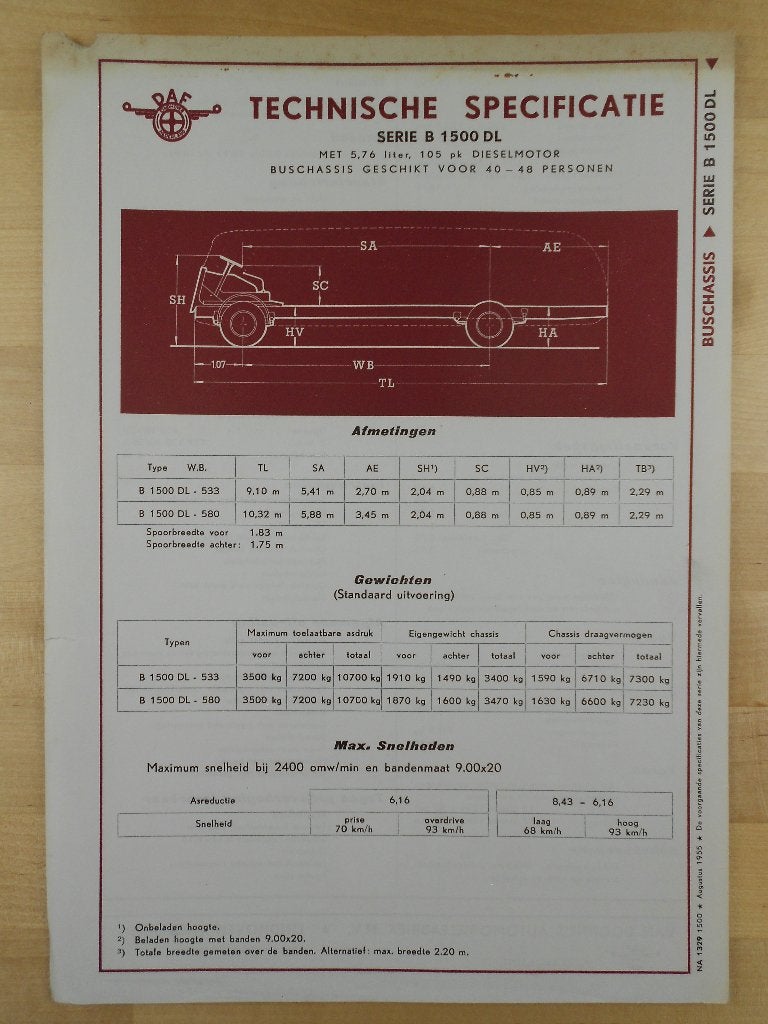 DAF B 1500 DL Technische Specificatie folder 1955 B1500 Bus, Ophalen of Verzenden, Zo goed als nieuw, Overige merken, DAF