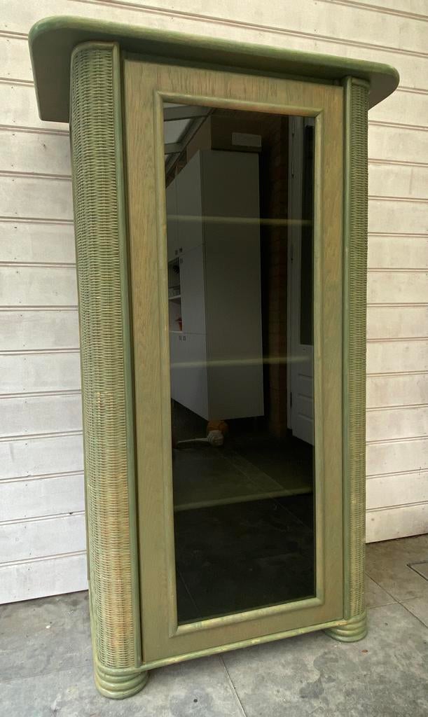 Groene Massief Houten Vitrine Kast - Gevlochten Zijkanten, Ophalen, Gebruikt, Eikenhout, 50 tot 100 cm
