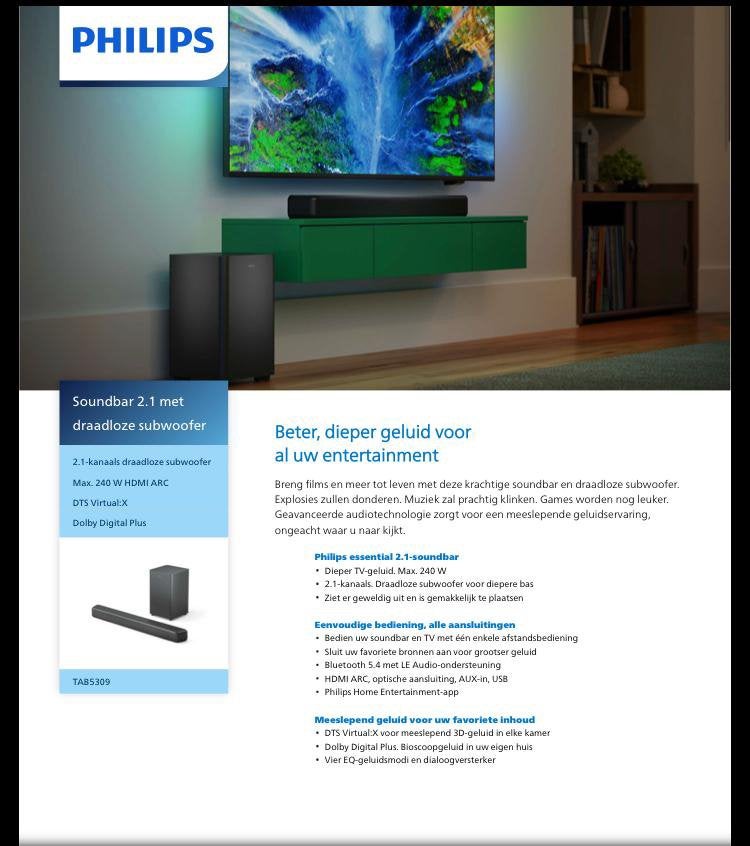 Philips Soundbar TAB5309, Ophalen, Bluetooth, Zo goed als nieuw