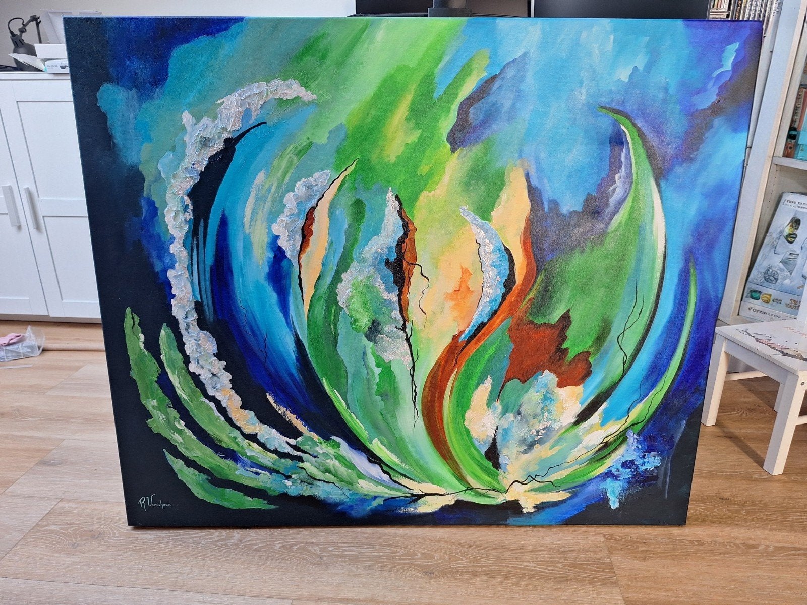Oceaankracht & Groene Oase - Abstract 120x100cm, Antiek en Kunst, Ophalen