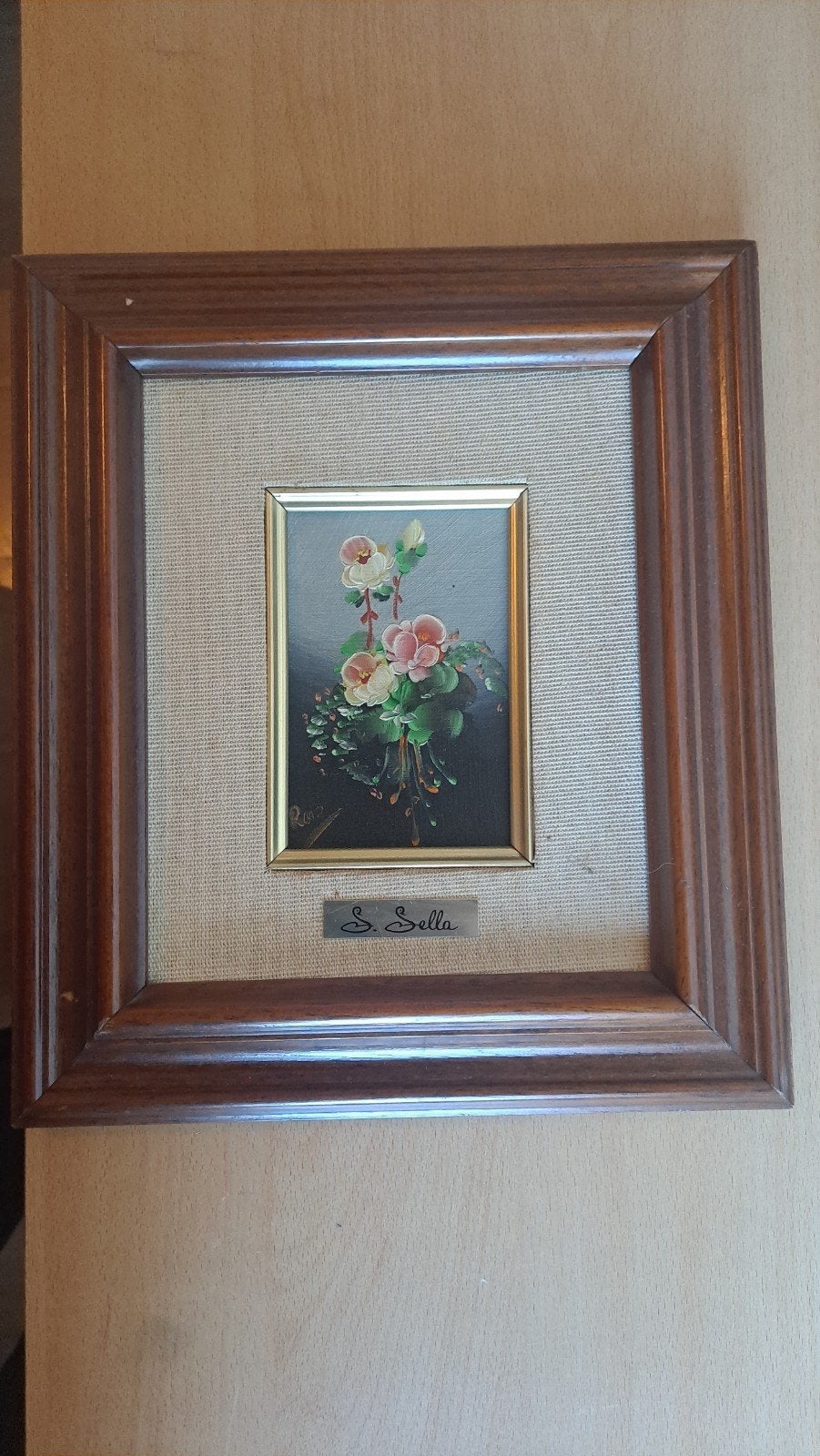 Miniatuur olieverfschilderij S. Sella - Bloemen, Bloemen, Doek, Ophalen of Verzenden, Olieverf