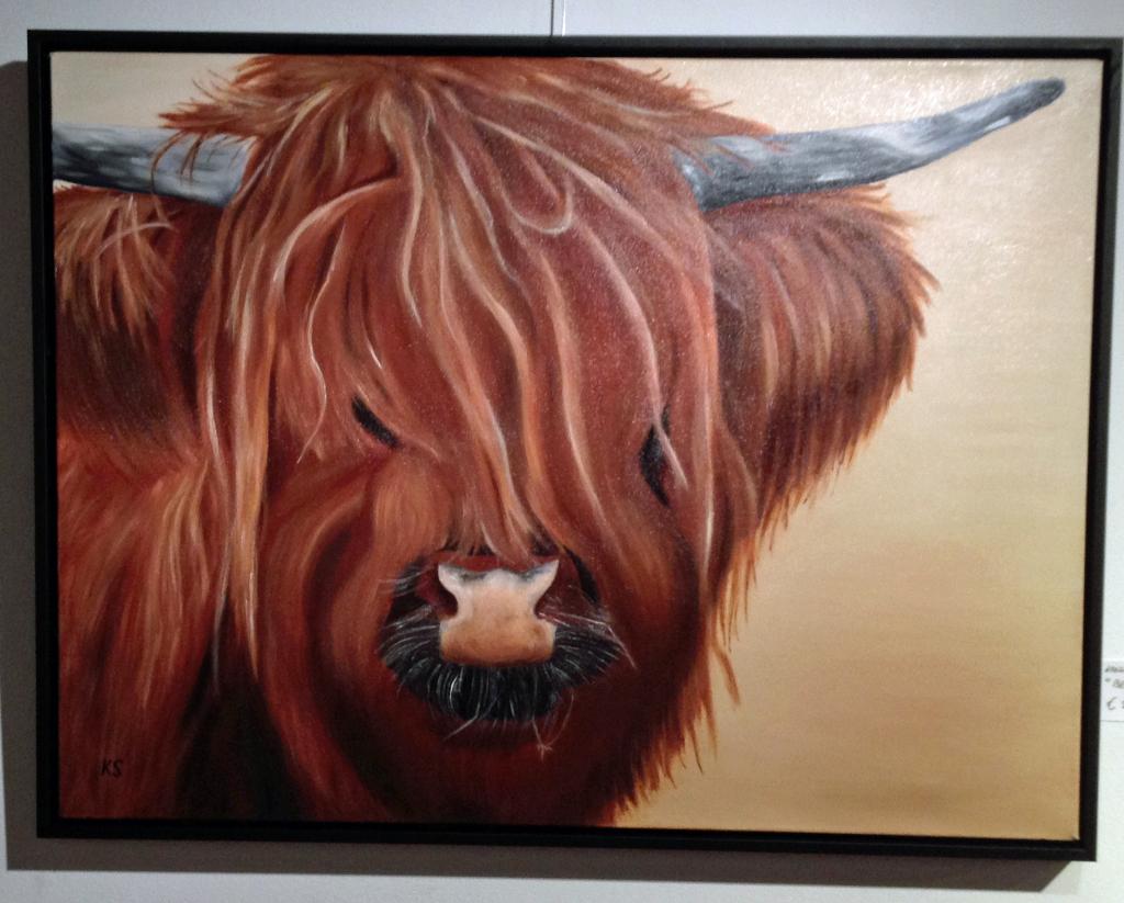 Olieverfschilderij - langharige koe, Huis en Inrichting, Woonaccessoires | Schilderijen, Tekeningen en Foto's, Ophalen, Zo goed als nieuw