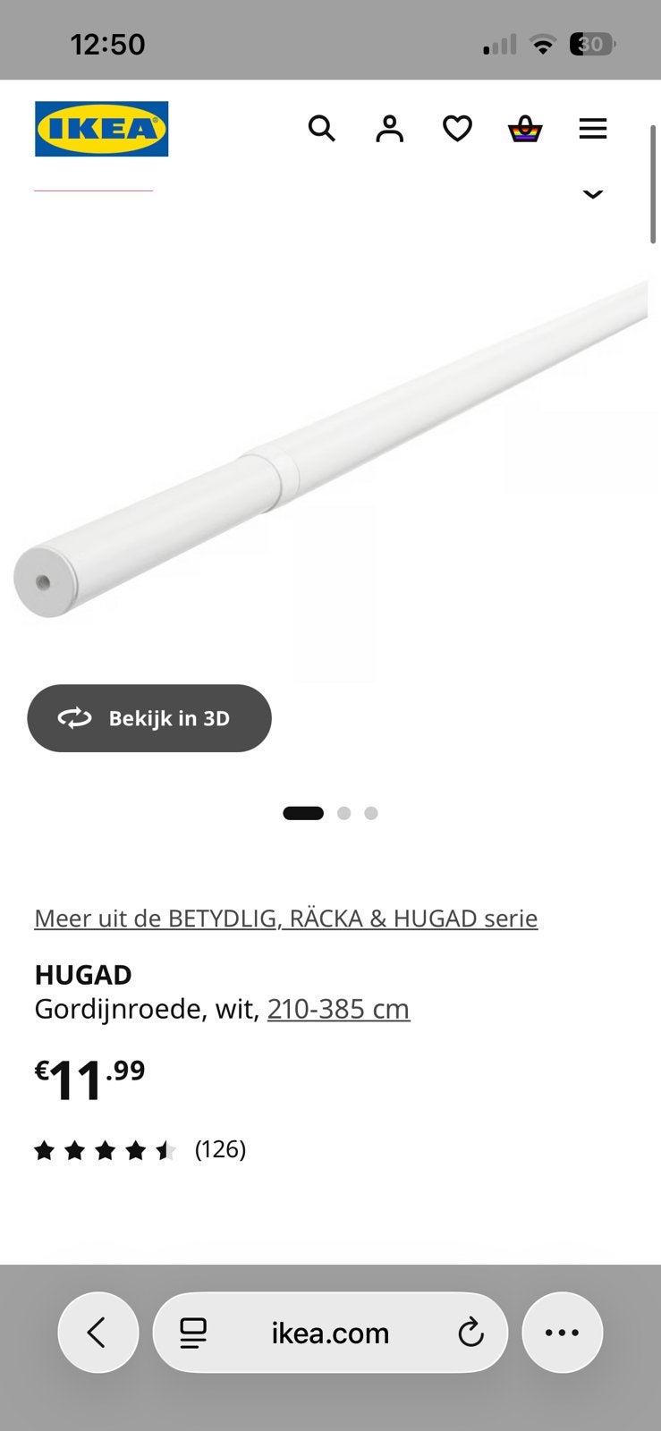 Ikea uitschuifbare gordijnroede wit Hugad - in verpakking, IKEA, Ophalen, Zo goed als nieuw, Wit