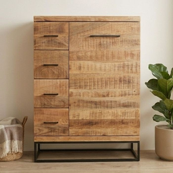 Mangohouten wandkast industrieel met 4 lades en deur, 100 tot 150 cm, 100 tot 150 cm, Ophalen of Verzenden, Industrieel