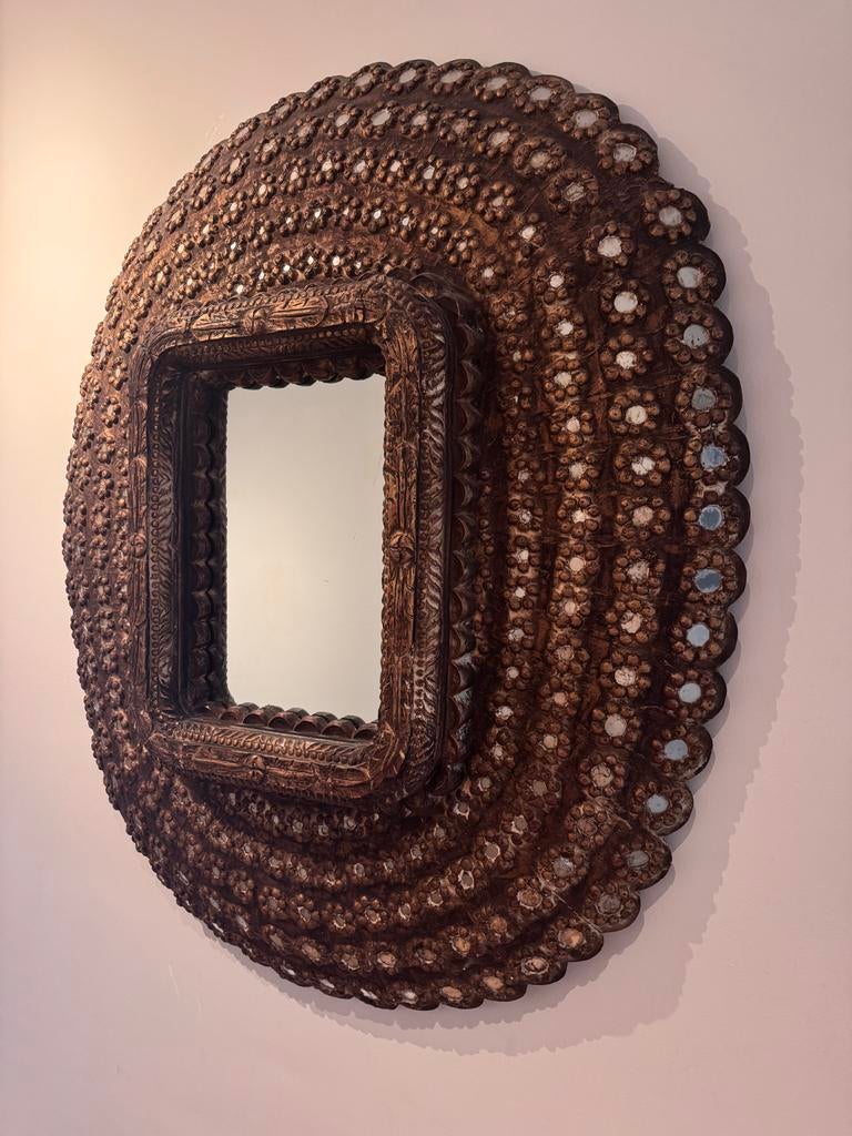 Grote Handgemaakte Balinese Spiegel / Wandobject 140x120, Ophalen, 100 tot 150 cm, Rond, Zo goed als nieuw