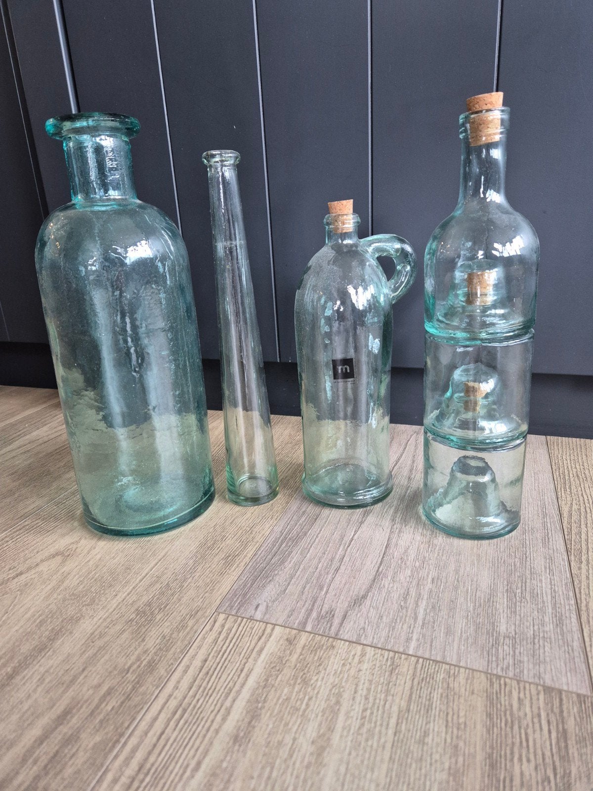 Set van 4 decoratieve glazen flessen/vazen, Ophalen of Verzenden