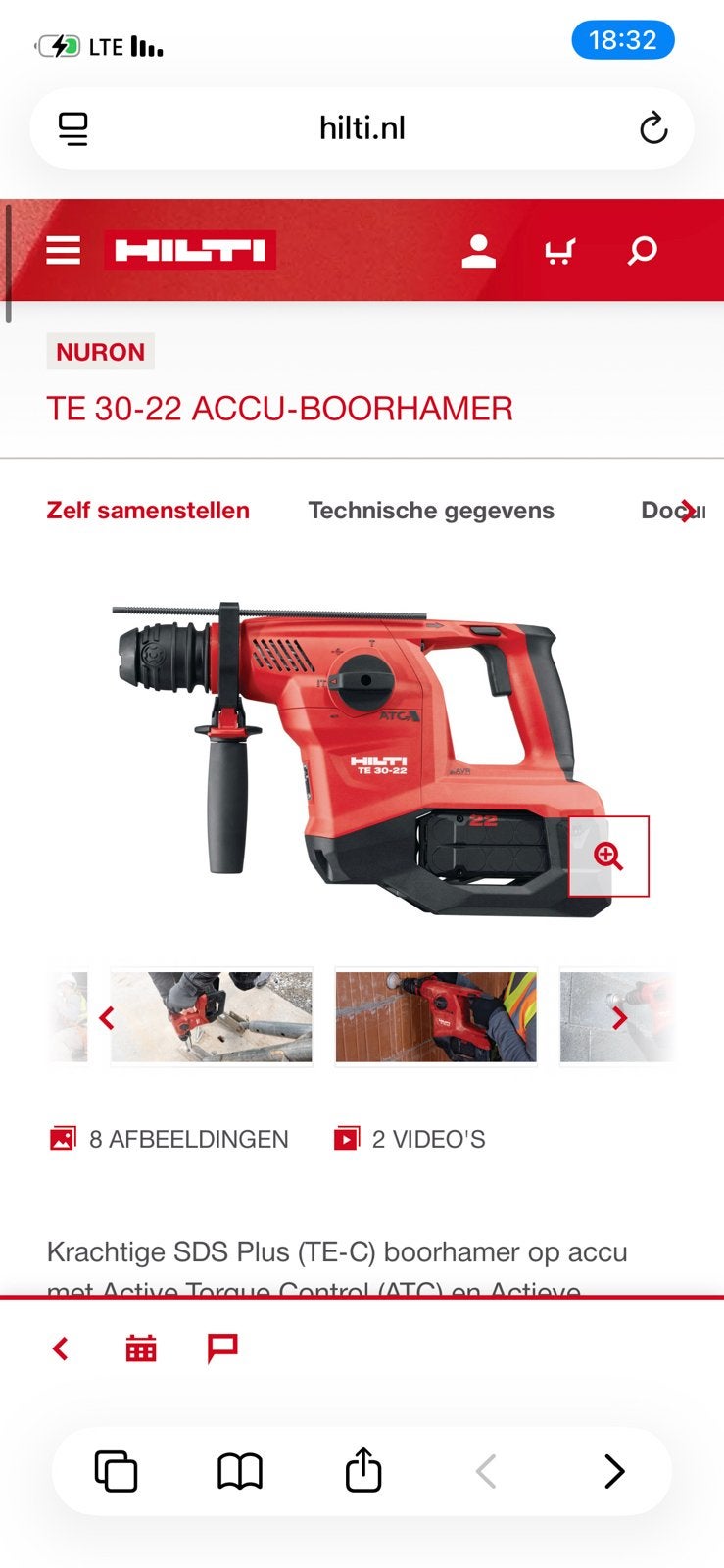Hilti nuron accu klopboormachine TE30-22, Ophalen of Verzenden, Zo goed als nieuw, Boormachine