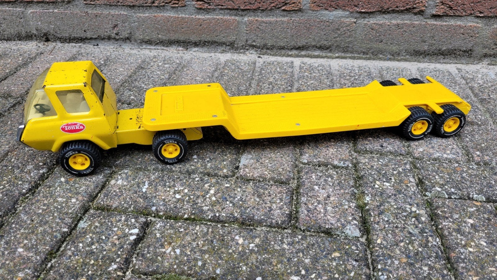 Vintage Tonka vrachtwagen met dieplader - Jaren '70, Ophalen of Verzenden, Gebruikt
