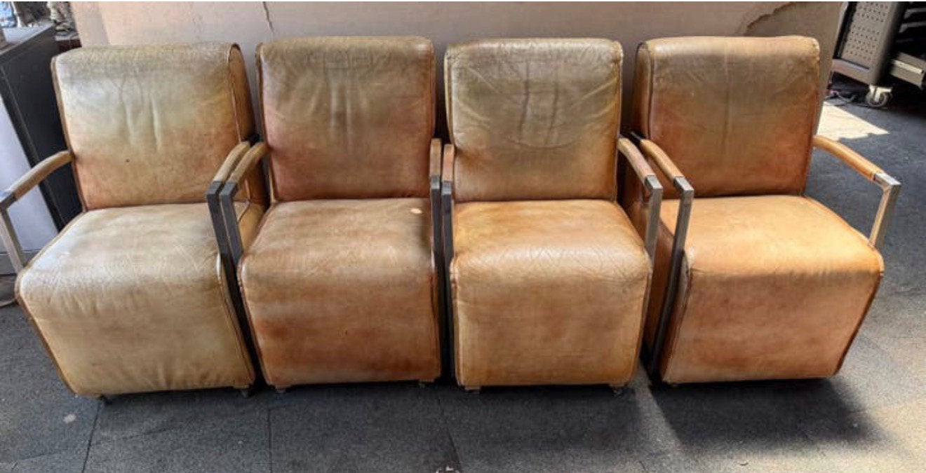 4 Industriële eetkamerstoelen buffelleer cognac met wieltjes, Ophalen, Gebruikt, Bruin, Landelijke stijl
