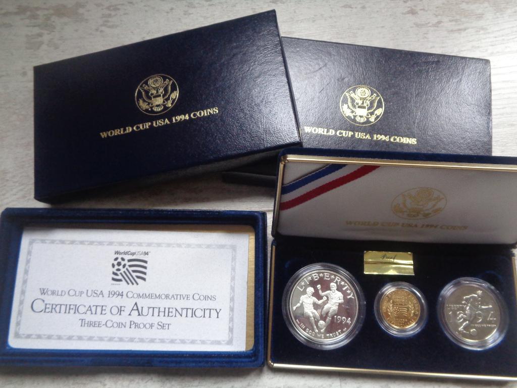 1994 USMint WorldCup Soccer, $5 Goud $1Zilver. Gold + Silver, Ophalen, Noord-Amerika, Setje, Zilver