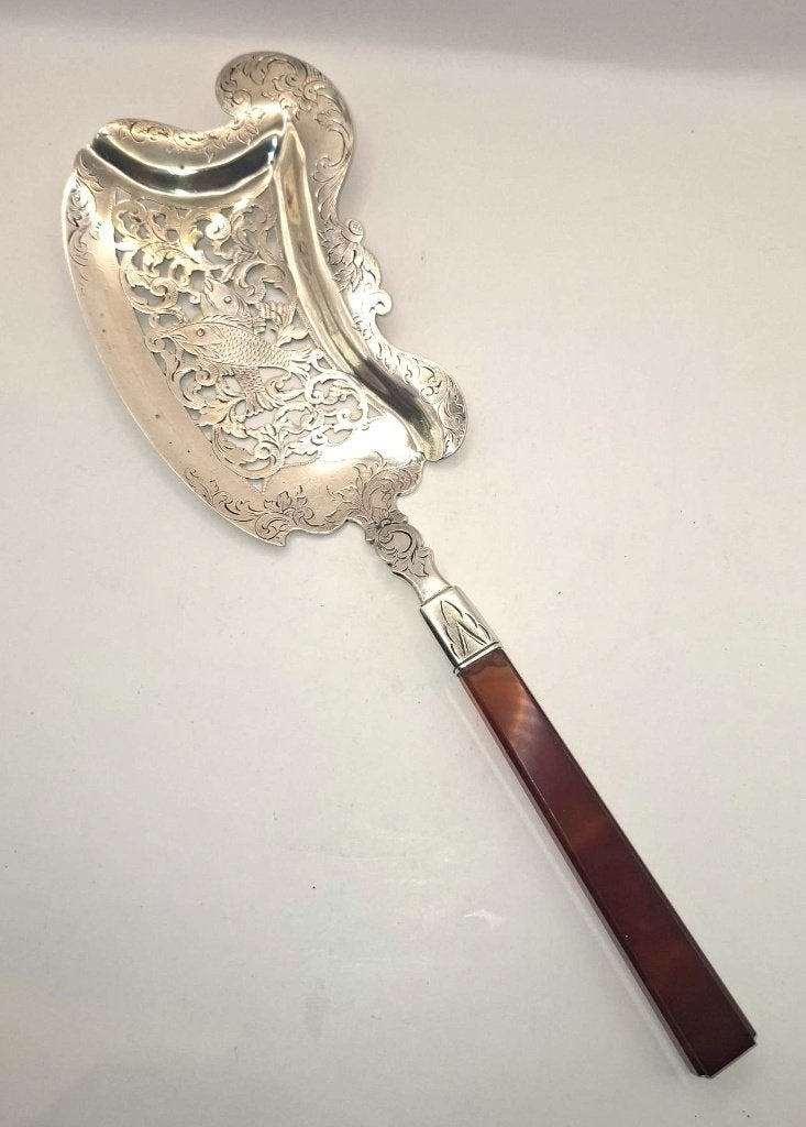Antiek zilveren visschep met agaat handvat., Antiek en Kunst, Ophalen of Verzenden