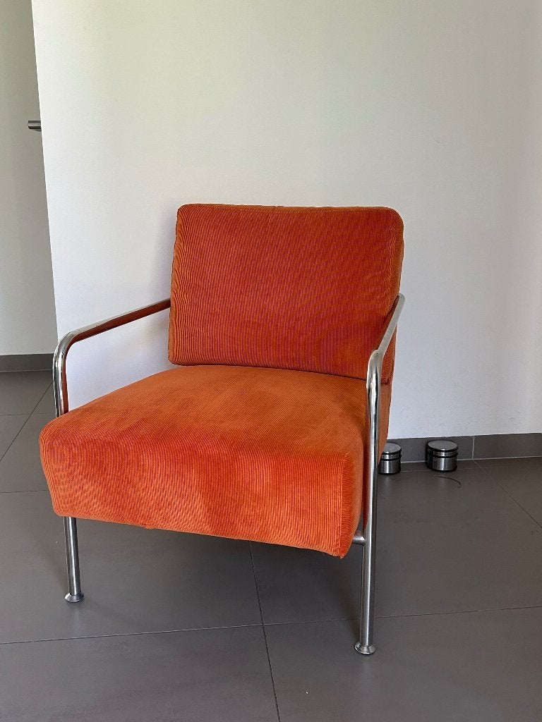 Twee Vintage oranje ribfluwelen fauteuils met chromen frame, Ophalen, Gebruikt, 75 tot 100 cm, Stof
