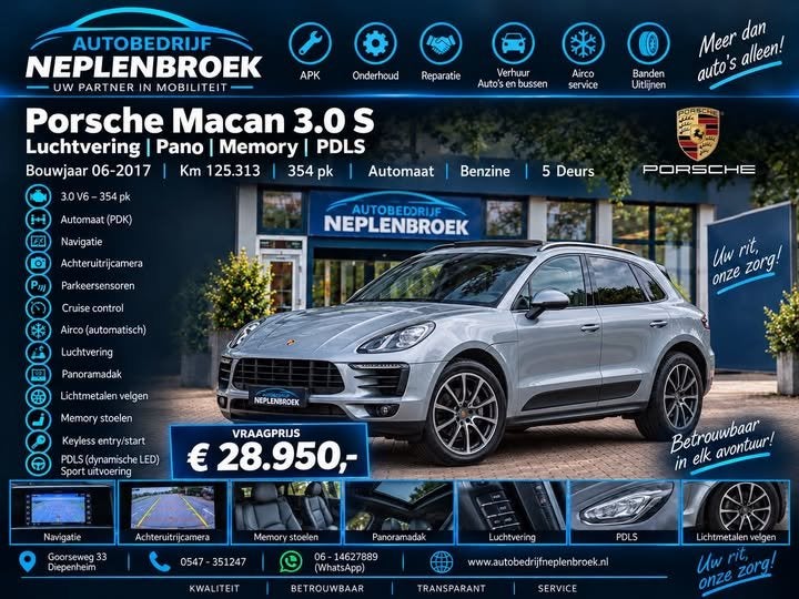 Porsche Macan 3.0 S | Luchtvering | Pano | Memory | PDLS | 0, Auto's, Automaat, Dealer onderhouden, Gebruikt, Bedrijf