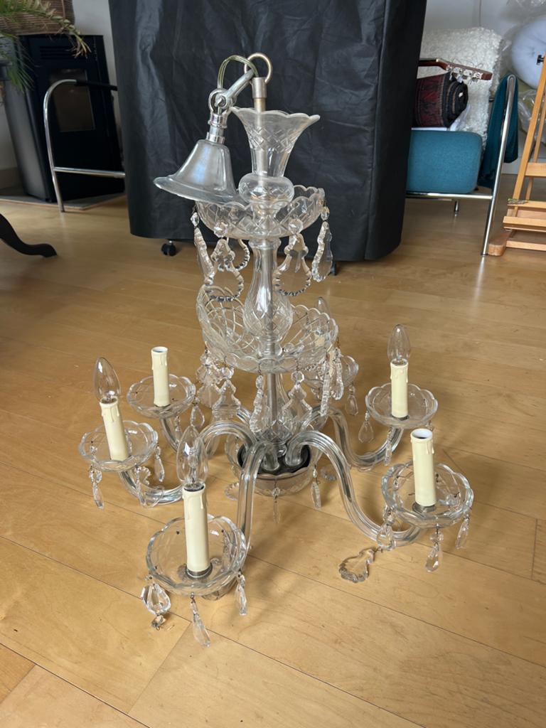Elegante glazen kroonluchter ,5 armen met kristallen hangers, Antiek en Kunst, Ophalen
