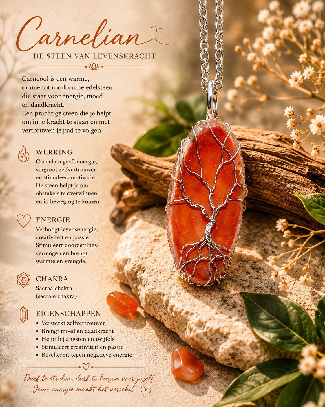 Carnelian ketting met levensboom hanger - aanpasbare lengte, Sieraden, Tassen en Uiterlijk, Kettingen, Bruin, Nieuw, Ophalen of Verzenden