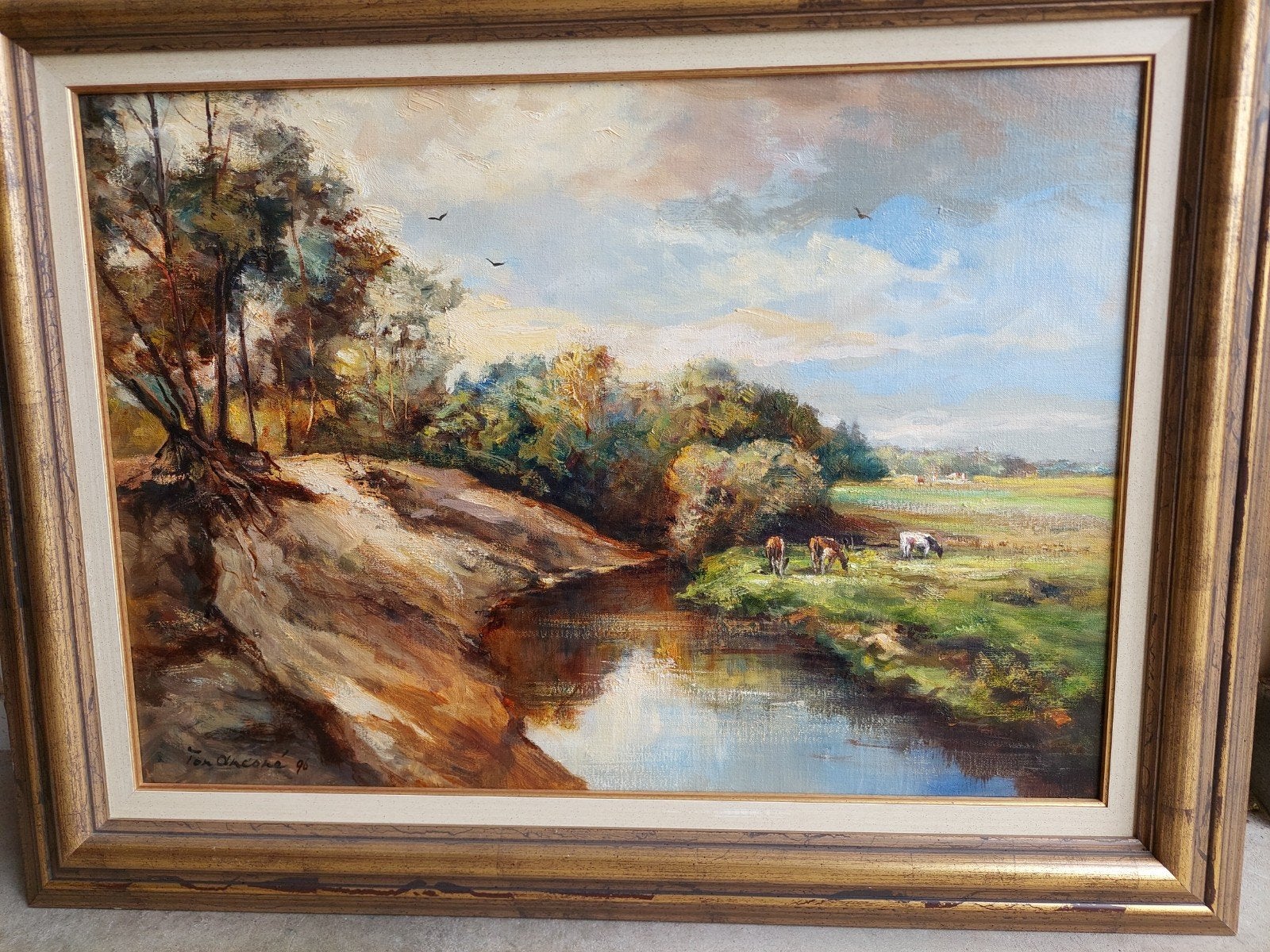Schilderij van Ton Ancona '96 - Landschap  met de Dinkel, Doek, Realistisch, Gedateerd, Ophalen of Verzenden