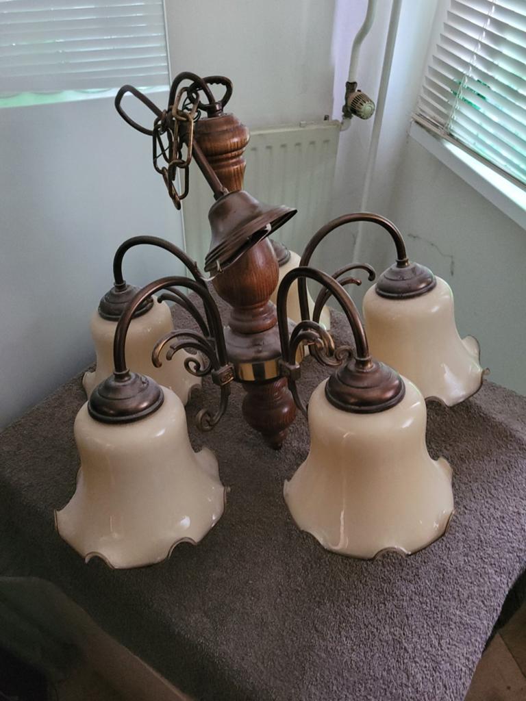 Vintage hanglamp met 5 glazen kelken - Koper & Donker Eiken, Ophalen, Gebruikt, Glas, Vintage, Klassiek