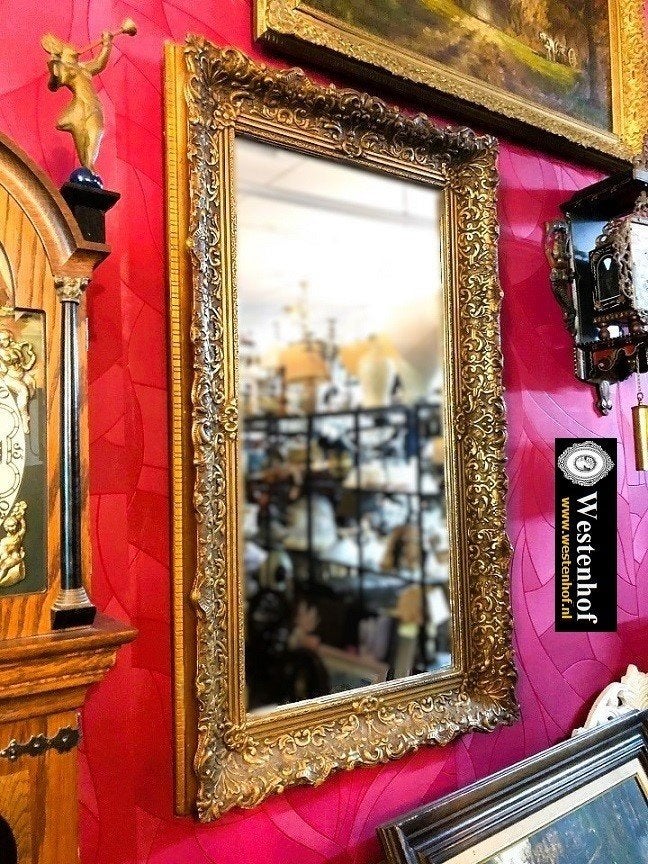Barok spiegel klassiek - antiek met gouden lijst - 95x55 cm, Antiek en Kunst, Ophalen of Verzenden, Rechthoekig, 50 tot 100 cm