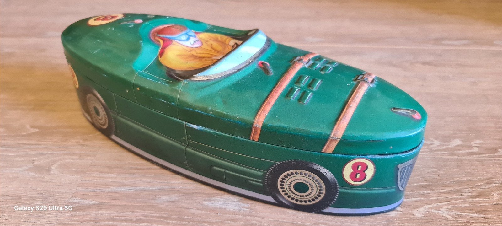 Vintage Raceauto Blikken Doos - Groen met Coureur, Ophalen of Verzenden, Gebruikt, Auto's