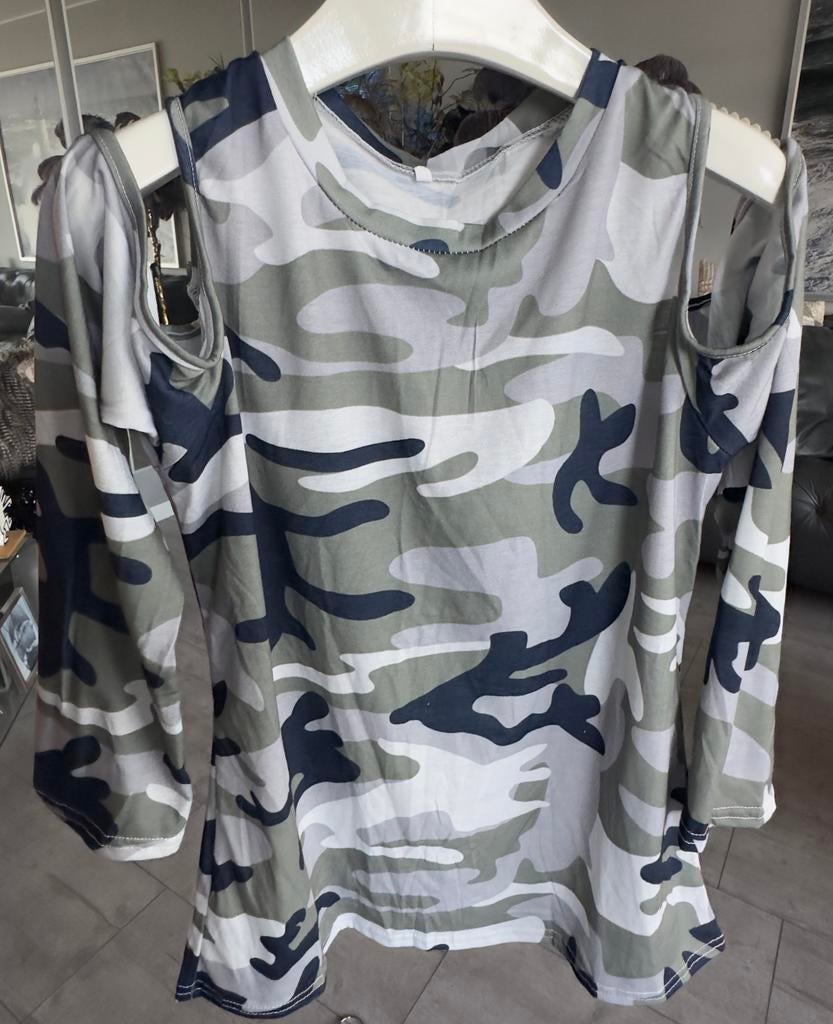 Leger print shirt met open schouders, maat M, Maat 38/40 (M), Overige kleuren, Nieuw, Ophalen of Verzenden