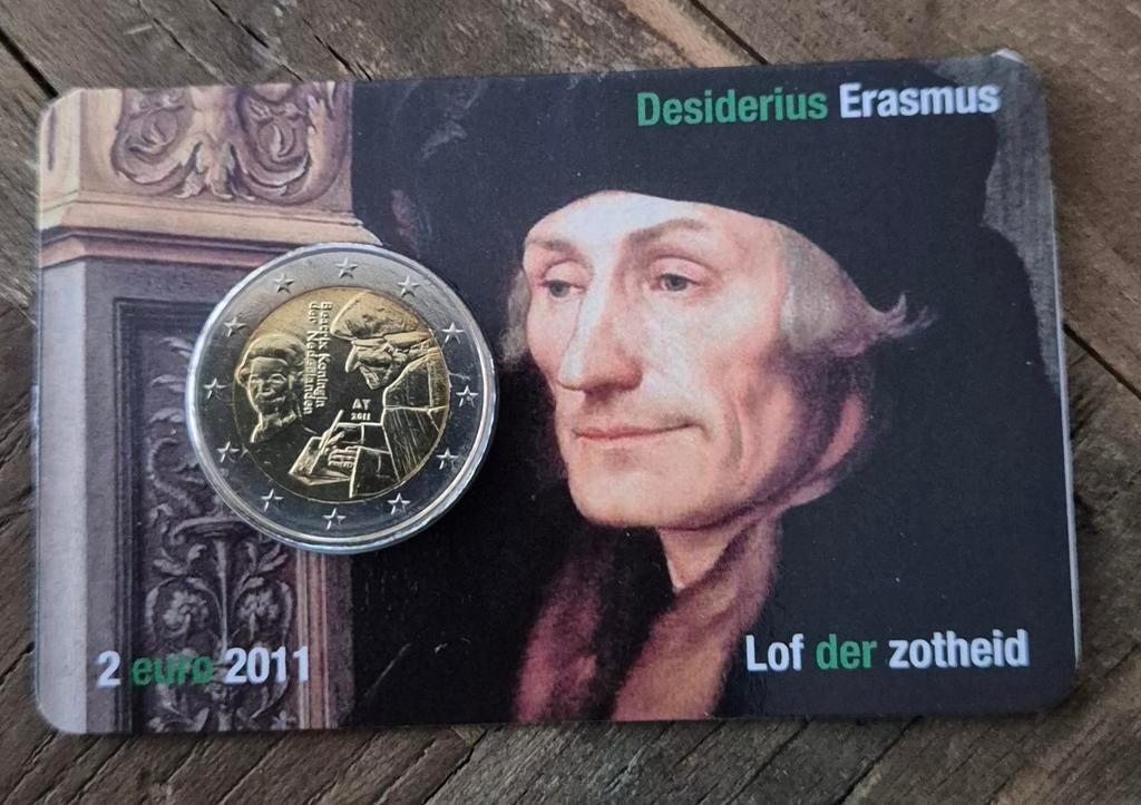 Erasmus 2 euro munt 2011 in coinkaart, Postzegels en Munten, Munten | Nederland, Ophalen of Verzenden, Koningin Beatrix, Euro's