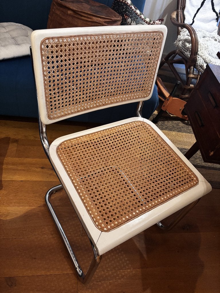 Vintage Thonet stijl stoel met rotan/webbing, Gebruikt, Hout, Wit, Ophalen of Verzenden