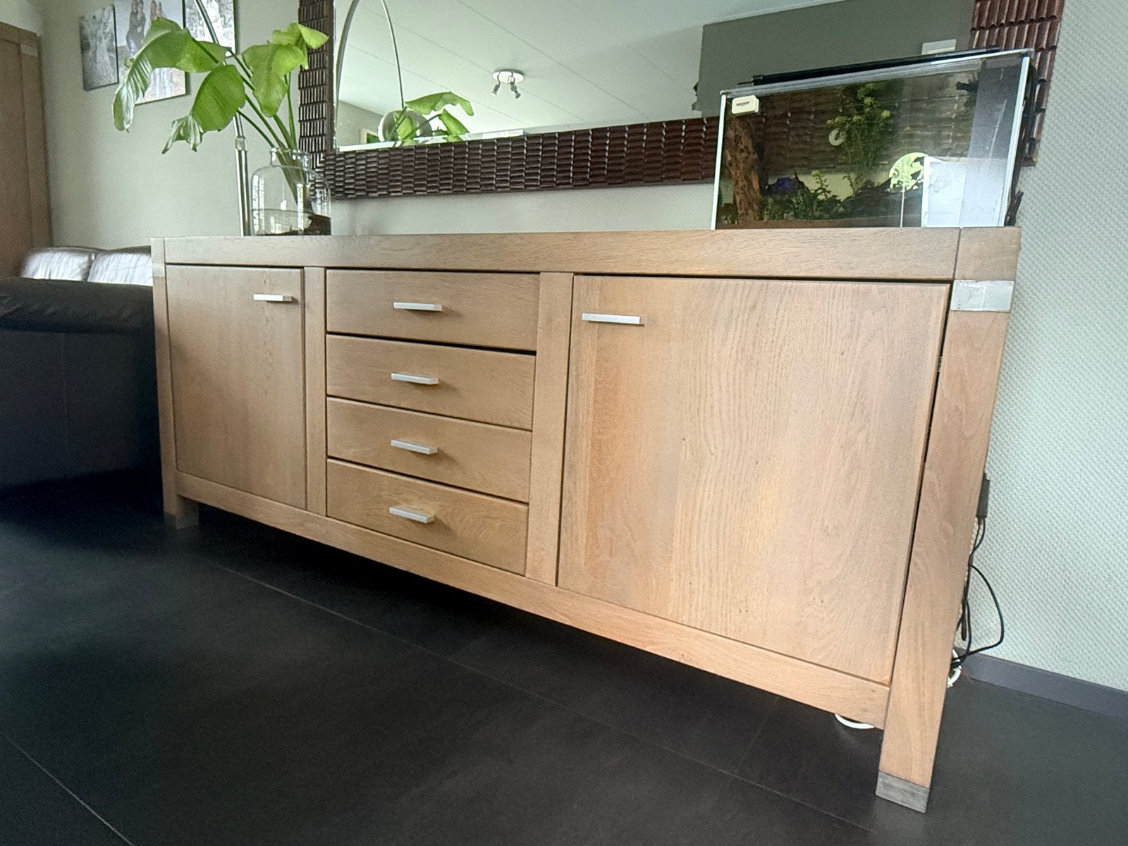 Eiken dressoir met lades en deuren - Lichtgrijze olie wash, Ophalen, Gebruikt, Eikenhout, 200 cm of meer