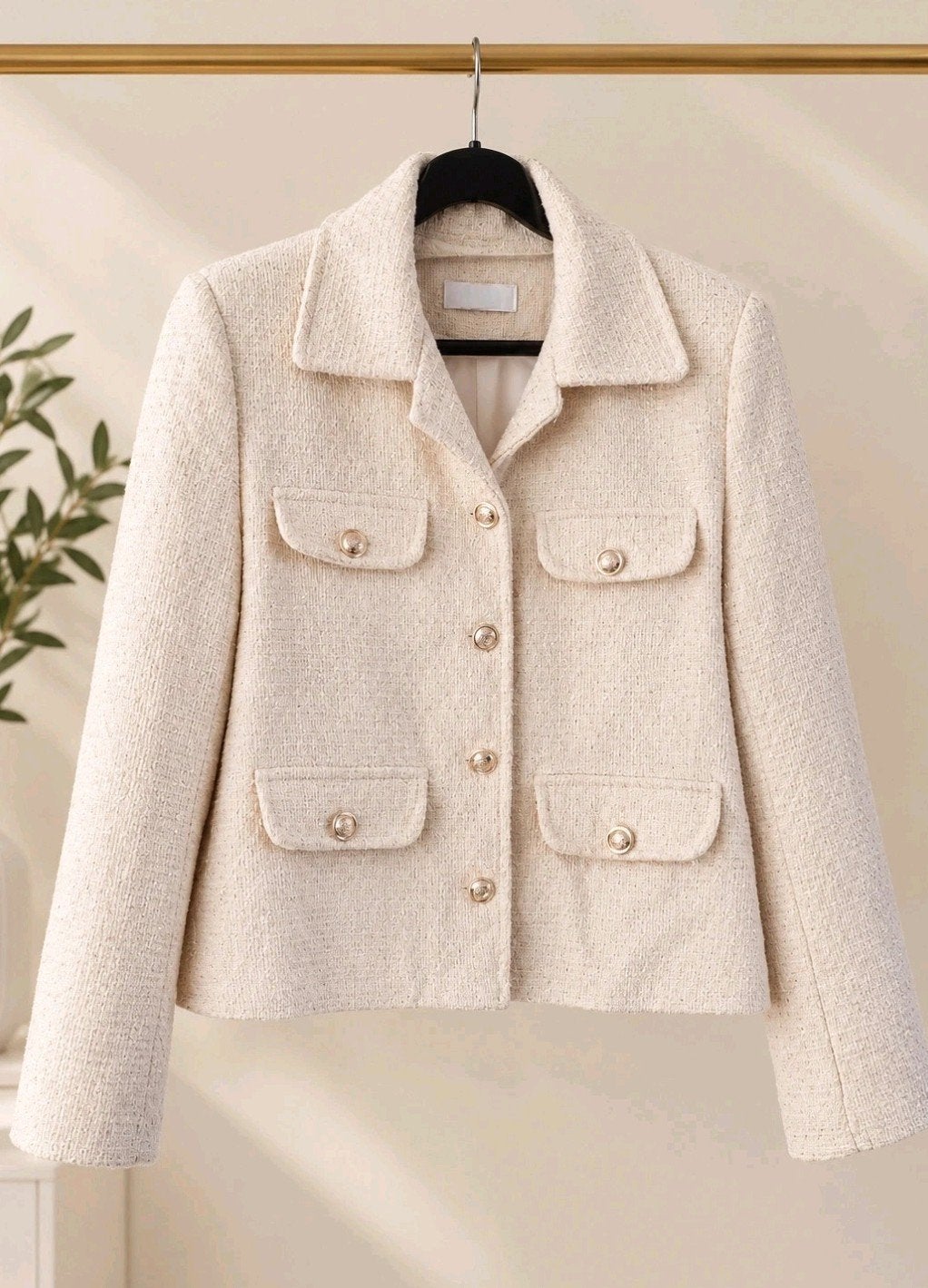 Crèmekleurig tweed jasje met gouden knopen, Maat 38/40 (M), Beige, Ophalen of Verzenden, Onbekend